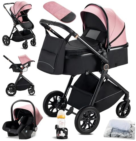 KAVELLIN Kinderwagen 3 in 1, Zusammenklappbar kinderwagen Komplettset Becherhalter, Moskitonetz, Fußabdeckung Für Baby Erstausstattung Neugeborene (Rosa)