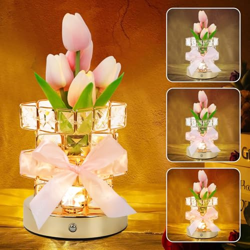 Tulpen Kristall Tischlampe,Dimmbare LED Künstliche Blume Touch Lampe mit Würfel Kristall Vase,Nachttischlampe Simulation Tulpe Romantische Nachtlicht für Zuhause,Büro,Party,Hochzeit,Geburtstag