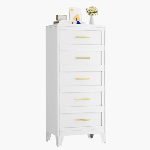 KAIFAM Metal Narrow Dressers & Chest of Drawers, White Tall Dresser for Bedroom, 5 Drawer Dresser with Curved Corner, Bedroom Dressers with Drawers, Storage Cabinet (White, 24 W)