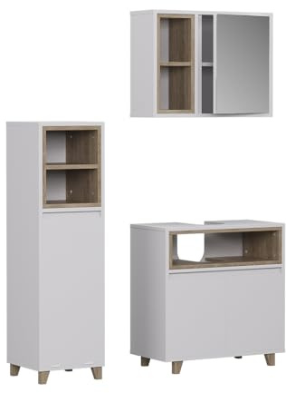Vicco Badmöbel-Set Elnor, Weiß/Eiche, 60 cm | besteht aus Waschbeckenunterschrank, Spiegelschrank und Midischrank