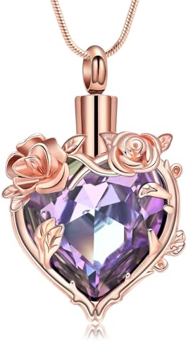 Rstnxnnl Rose Cremation Jewelry Rose Flower with Heart Crystal Heart Urn Necklaces for Ashes for Urn Pendant Keepsake Memorial Jewelry for Women Girls With Funnel Kit & Bag(RosePurple)
