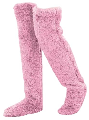 Gåsduns-knästrumpor till jul, långa, luddiga lårhöga strumpor, plyschknästrumpor for kvinnor, termos(Pink)