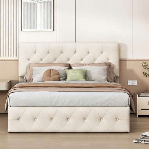 Yeutre Lit Coffre 160x200, Lit Double Capitonnée avec Coffre de Rangement Hydraulique et Sommier à Lattes, Tête de Lits Réglable en Hauteur, Cadre de Lits 2 Places pour Adultes et Ado, Velours