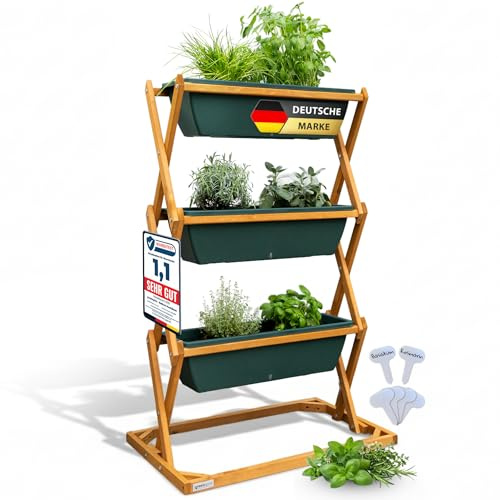 greenspire Hochbeet Balkon aus Holz, 3 Etagen mit Drainagesystem – Kräuterbeet, vertikaler Garten mit Wasserstandsanzeige für optimale Bewässerung – vormontiert – für Balkon oder Terrasse (Dunkelgrün)