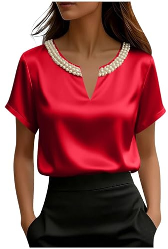 Blusas de satén para mujer, blusas de seda de manga corta, cuello en V metálico, mangas abombadas, camisas fruncidas, camisetas casuales de negocios