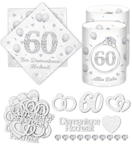 20 Stück Servietten Diamantene Hochzeit + 12 Windlicht Tischdeko +18 Glitzer Konfetti, 60 Hochzeitstag Geschenk, Diamantene Hochzeit Geschenkideen