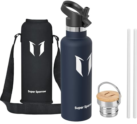 Super Sparrow Vattenflaska - 750ml - Rostfritt Stål Metallflaska - Termos Standard Mun - Giftfri BPA-Fri - Perfekt Som Sportflaska - 2 Lock
