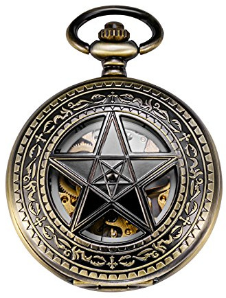 TREEWETO Taschenuhr mit Kette Herren Analog Handaufzug Antik Pentagram | Gothic Retro Vintage-Stil, Mechanisch, Skelett Steampunk Uhr, Aufziehbar spinne, Handaufzugswerk, Sprungdeckel