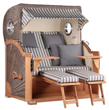 MR. DEKO® Strandkorb Baltikum 2,5-Sitzer Teak | PE Geflecht Grey | Volllieger Strandkörbe aus Teakholz mit 2 Bullaugen & Fußablagen | Polster mit 4 Kissen | Strandstuhl (Dessin 545)