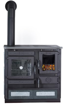 7 kW Küchenofen Globe Fire Alhena aus Gusseisen - Außenverkleidung aus Serpentin - Großes Backfach und Holzfach (Rauchrohr Links, Grau)