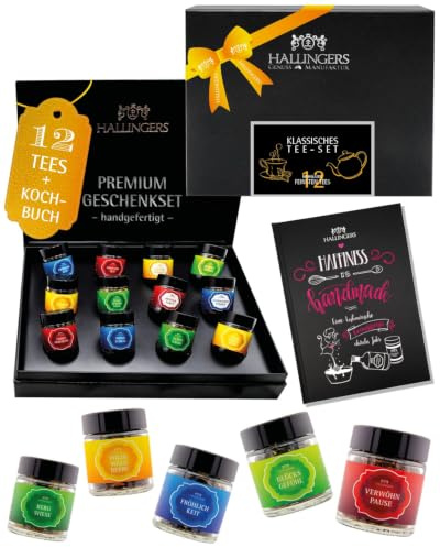 Hallingers Genuss Manufaktur Tee Geschenk-Set - 12 Sorten premium loser Tee Probierset in edler Geschenkbox mit Rezept-Booklet Klassisches Tee..., Geschenkidee für Frauen Männer
