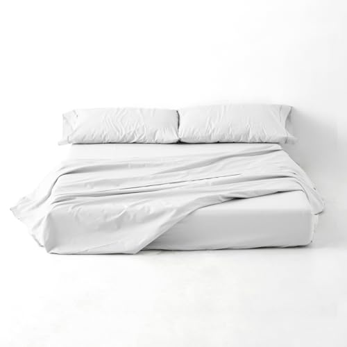 ESTELIA - Juego de sábanas satén Color Blanco-Perla - Cama de 150 (3 Piezas) - 100% algodón - 300 Hilos