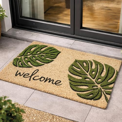 Eingangsmatte Kokos Türmatte Innen - Monstera Welcome 40x60cm (Rechteckig) | Rutschfeste Motiv Fußmatte 100% Kokosfaser Fussmatte natürliches Material für Innenbereich & überdachten Außenbereich robust