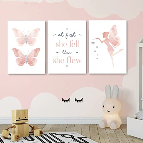 SWECOMZE 3er Set Poster Kinderzimmer, Rosa Schmetterling Bilder Ohne Rahmen, Kinderposter, Bilder Babyzimmer, Wandbilder Deko Für Mädchen (21 x 30cm)