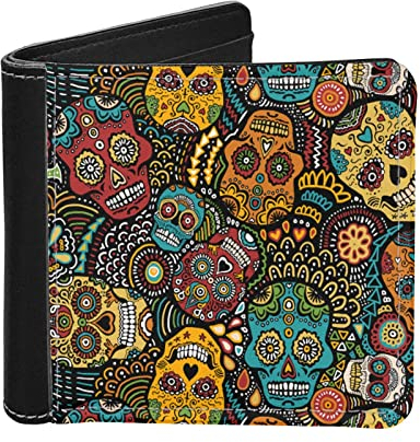 SCRAWLGOD Portefeuille cheval pour homme avec pince à billets en cuir synthétique avec blocage RFID et organiseur fin à deux volets, Crâne en sucre vintage, Moderne