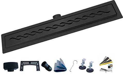 AQUA HEATING Welle linearer Edelstahl-Bodenablauf superflach Einbauhöhe 52mm Komplettset für Badezimmer mit bodengleicher Dusche, Duschrinne Ablaufgarnitur-Set, Duschablauf Siphon Rost 80cm schwarz