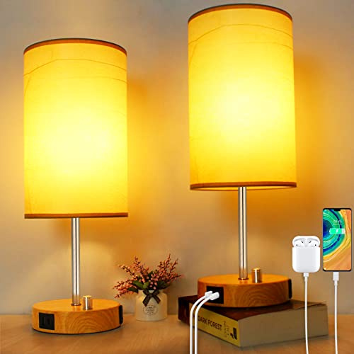 Wondlumi Lampe de Chevet Lot de 2 8W Dimmable avec Ports de Charge USB-A + USB-C, Minimaliste Lampe Chambre E27 800lm de Bois Abat-jour en Tissu pour Chambre Salon Hôtel(Ampoule LED Incluse)