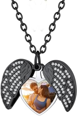 Custom4U Personalisierte Medaillon zum Öffnen für Bilder Damen Fotokette | Engelsflügel Medaillon Foto Kette mit Gravur Silber/Gold/Schwarz Locket Amulett mit 50cm kette Geschenk für Mutter Ehefrau