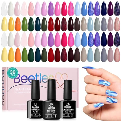 Beetles 39 Stück UV Nagellack Set, 36 Farben Gel Nail Polish mit Basis mattes und glänzendes Top Coat Neon leuchtendes orange Grün Rosa Gelb Blau Glitzer Halloween Maniküre DIY für Frauen