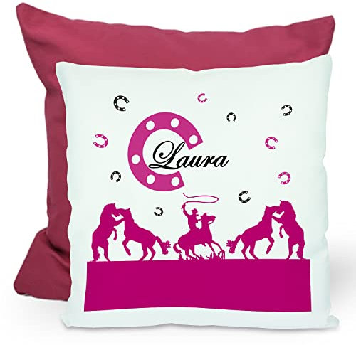CreaDesign, Kinder Kissen 40x40 cm personalisiert mit Namen, Kinderzimmer Deko Kissen Kinder mit Füllung Federn, Motiv Cowboy Pferde pink, Rückenfarbe Lila