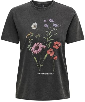 Only Onllucy Reg S/S Top Jrs Noos Camiseta, Negro/Estampado: Flowerchild, XL Mujer