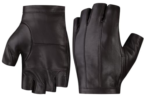 Harssidanzar Fahrhandschuhe für Männer,Ungefütterte Fingerlose Half Finger Leder Fahrhandschuhe KM049EU,Braun,Größe S