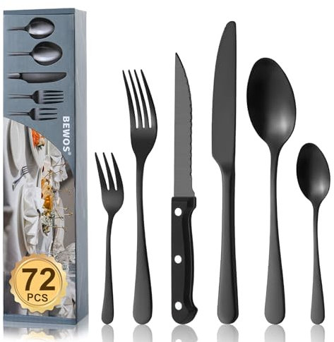BEWOS Ensemble de couverts 72 pièces avec couteaux à steak pour 12 personnes, Noir Givré Couverts de table en acier inoxydable de qualité supérieure, Couverts polis miroir, lavables au lave-vaisselle