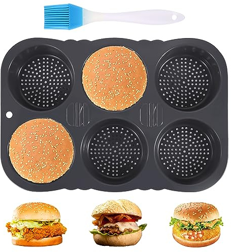 Silicone Hamburger Bun Mold, Mesh Bread Baking Pan, Reusable Non-Stick Flexible Bread Mold Easy to Release Burger Bun Maker for baked cakes, brownies, mini batters, chocolate, egg muffins (6 Holes)