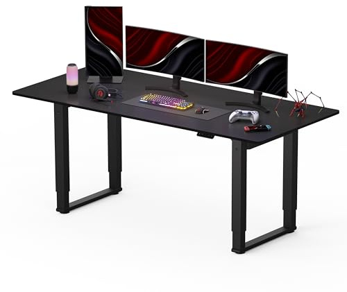 SANODESK Bureau Assis Debout - Bureau Gaming, 2 Moteurs Electrique Double avec 4 Pieds 180x80cm, 4 Emplacements de Mémoire, Fonction de Rappel de Sédentarité, Réglable en Hauteur, Noir