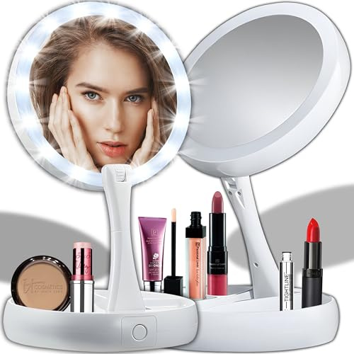 Retoo Schminkspiegel mit Beleuchtung, 10X/1X Doppelseitige LED Drehbar Makeup Spiegel, Kosmetikspiegel, Schminkspiegel für Zuhause und Unterwegs Kosmetik für Schminken & Rasieren Make up