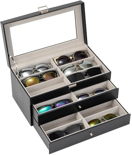 ProCase 3-layer Sunglasses Storage Organizer, 18 Slots Leather Sunglass Box Multiple Pairs Eyeglass Cases Eye Glass Eyewear Display Holder for Men Women -Black