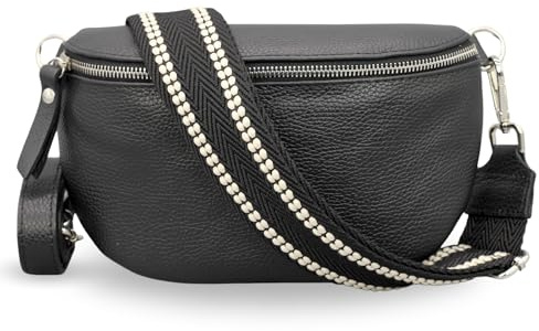 Adel Bags Bauchtasche Damen Echtleder Emma Silber Handgemachte Umhängetasche Crossbody Bag mit Optionalen Breiten Gemusterten Riemen Stylische Hüfttasche Made in Italy (Schwarz-Silber 4, Large)