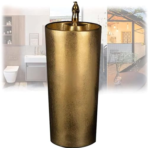 ZTGL Modernen Design Standwaschbecken in Gold aus Kaolinkeramik Waschbecken Standwaschtisch Waschtisch Mit Wasserhahn Und Abflussgarnitur, 42x42x80cm,Without Mirror