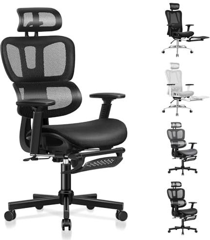 ALFORDSON Ergonomischer Netz-Bürostuhl mit 3D-Armlehne, Chefsessel mit Verstellbarer Kopfstütze und Fußstütze, neigbarer Schreibtischstuhl mit adaptiver Lendenwirbelstütze, Schwarz
