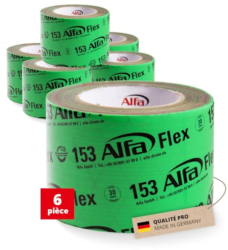 Alfa 153 Flex» - Ruban adhésif flexible haute performance, 6 pièces, 100 mm x 25 m (150 mètres) pour pare-vapeur, freins vapeur et membranes de toiture, ultra fixant et ultra flexible