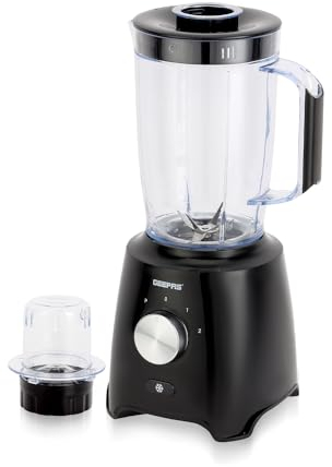 GEEPAS 2-in-1 Food Jug Blender | 1.8L Juice Jar & 60G Mini Coffee Spice Mill | 6-Leaf Stainless-Steel Blades 2 Speed & Pulse Lockable Lid Smoothie Maker Turbo Button for Ice Crushing | 600W Black