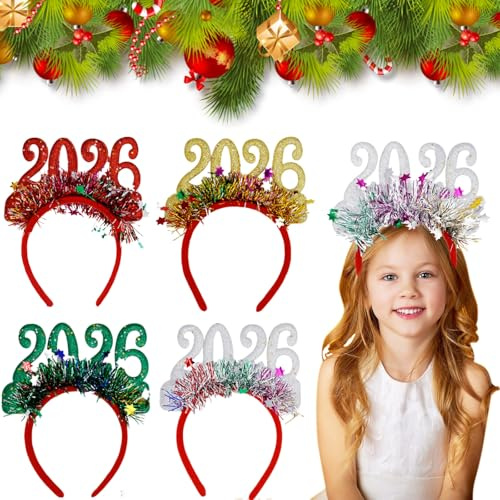 4 Stück Neujahrs Stirnbänder 2026 Glitzernde Lametta Haarbänder Neujahrs Kopfbedeckung Modische Kopfbedeckung Party Haar Accessoires für Feiertage Weihnachten 2026 Silvester Karneval Party Geburtstag