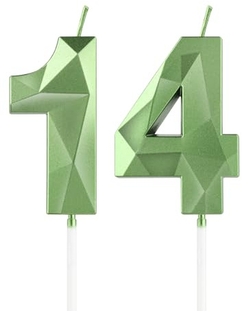 mciskin Grüne Kerzen zum 14. Geburtstag, 3D-Zahl 14, Kerzen für Kuchen, Mädchen und Jungen, Dekoration zum 14. Geburtstag, Salbeigrün, Kuchendekoration, Dekoration für Geburtstagsparty, Hochzeit