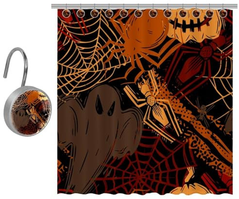 VAPOKF Halloween-Geisterspinne und Netz-Druck, Duschvorhang-Set aus Polyester, mit 10 Edelstahl-Haken, rustikaler Bauernhaus-Badezimmer-Duschvorhang, 152 x 182 cm