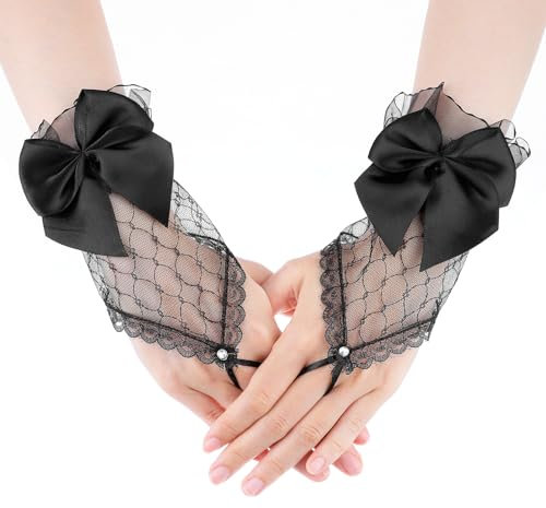 GEEHUA Damen Handschuhe Schwarz Spitzenhandschuhe fingerlose Spitzenhandschuhe mit Schleife Strasssteinen Handgelenksmanschette Halloween Netzhandschuhe für Bräute und Damen Lolita Hochzeit