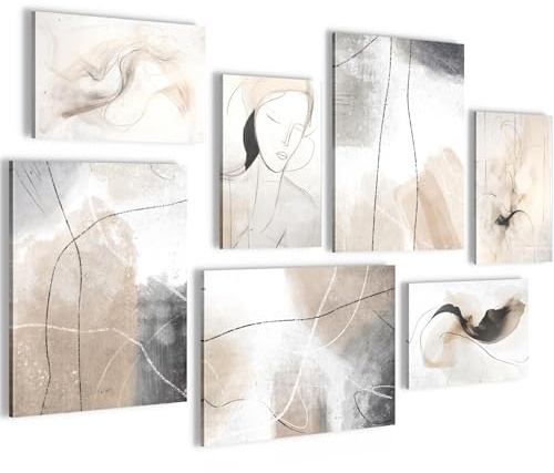 Novart Wandbilder Abstrakt - KOMPLETT AUFHÄNGFERTIG - Beige Grau Wohnzimmer Schlafzimmer Flur - 7 Moderne Mood-Bilder - N028671a