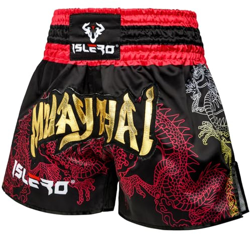 Islero Muay Thai Shorts MMA Martial Arts Grappling Kick Boxing UFC Cage Fighting Gym Training Men Women Clothing Gear (UK, Alpha,Regular, Regular, Black/Red, XS)