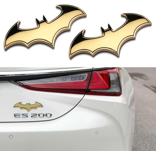 SHUOHONG 2 Piece 3D Batman Insignia Pegatina, Emblema Adhesivo 3D, Pegatinas de Metal, 3D Bate de Acero Inoxidable Insignia Emblema Adhesivo para Coche, Calcomanía Exterior para SUV/Camión (Oro)
