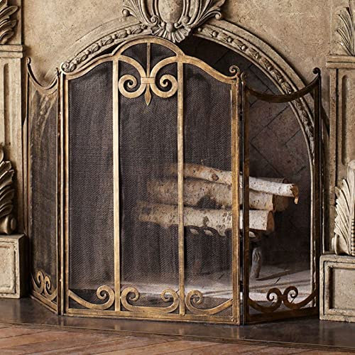 Vintage-Kaminmantel aus Messing, 114 × 90 cm, hitzebeständig, Funken-Flammenschutz für Flammenofen, antikes Design