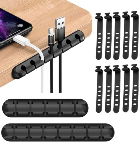 OUDQFCJ Organizer per la Gestione dei Cavi, 2 Clip e 10 Fascette, Ganci Adesivi, Supporto per Cavi di Alimentazione e Accessori di Ricarica, Cavo per Mouse, Ufficio e Casa, Scrivania, Gadget Scrivania