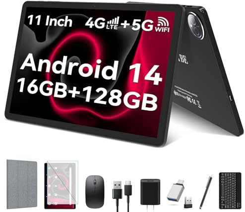 KADYBE Tablet 11 Zoll 2 in 1 Android 14 Tablet mit Tastatur, 4G LTE Tablets Mit 2 SIM 1 SD Slot, 16GB+128GB, 13MP |5G WiFi Tablett PC mit Stift und Maus| 8-Core | 8000mAh| 1080FHD|GPS - Grau