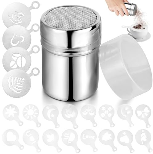REJOECE Plumero de Acero Inoxidable para Coctelera de Chocolate, con 20 Plantillas de Café Capuchino Barista Café, Espolvoreador Cacao con Tapa, Espolvoreador para Café Postre Barbacoa Cocina Hornear