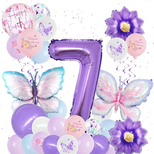 Schmetterling Deko 7. Geburtstag Mädchen, 31 Stück Lila Luftballons Set | Lila Geburtstagsdeko Ballons für Kinder, schmetterling Folienballons, große Zahlenballons