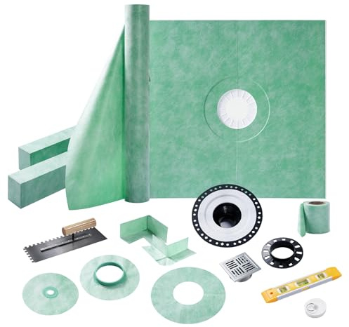 Albott Shower Curb Kit with Complete Shower Kit- Tray, Curb, Membrane, Seals, Bonding Flange, Corners, Trowel & Level, 48 x 48 Tray, Center Outlet Position