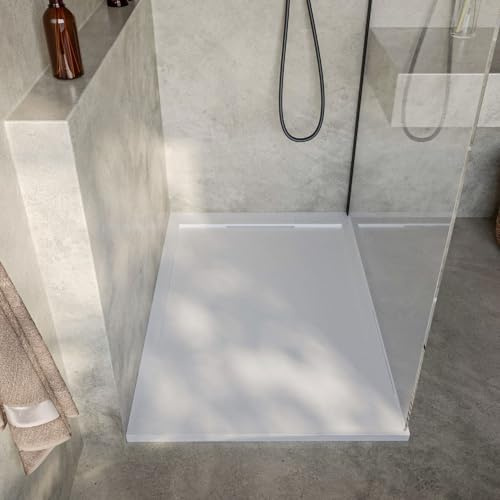 SoulHome Plato de Ducha Resina BLANCO 170X70 Diseño Mismo Color | Antideslizante C3, Extraplano, Resina y carga mineral, Textura Liso Piedra, Antibacteriano, Gel-coat, Incluye válvula desagüe